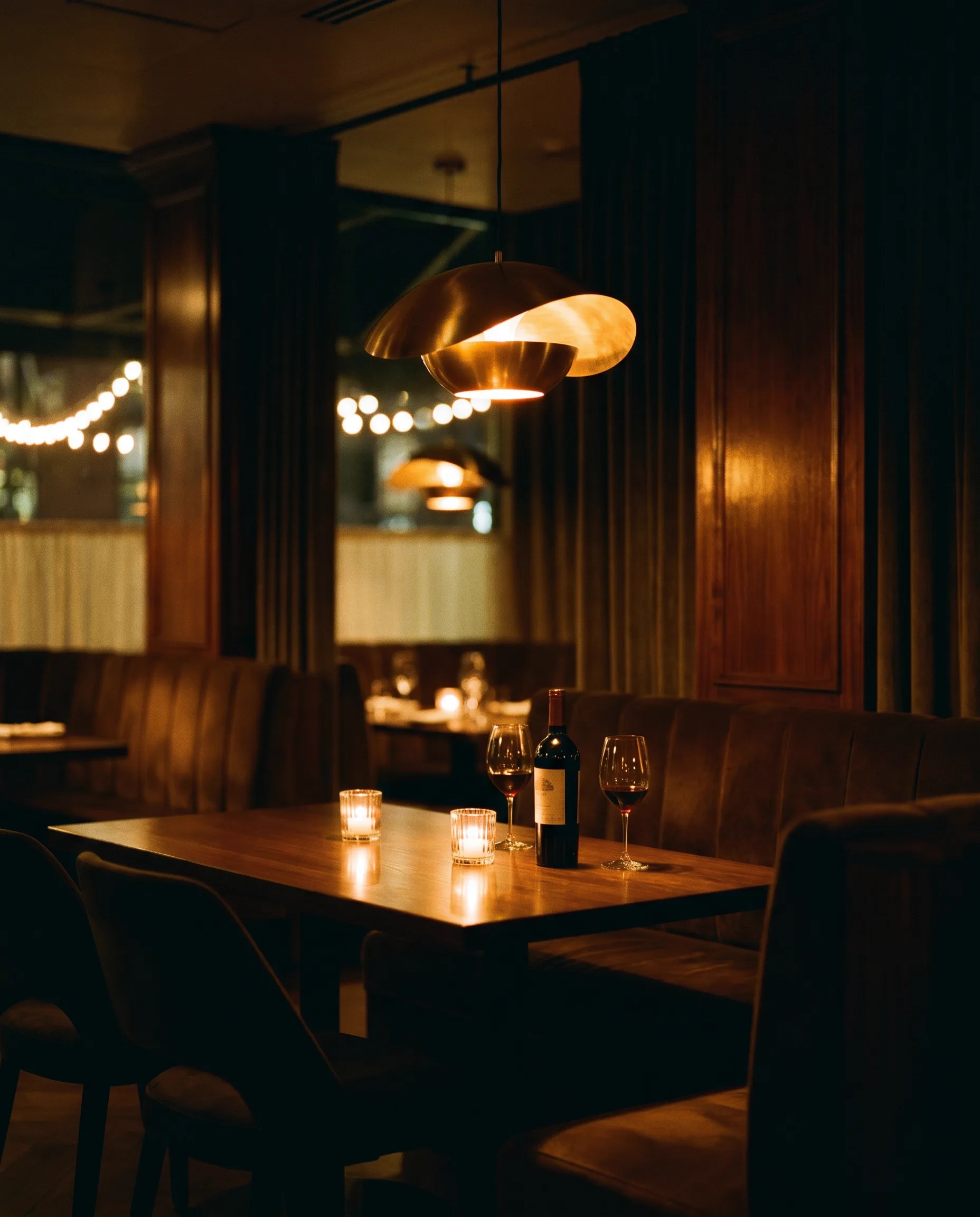 Salle intime du restaurant Les Embruns, table dressée à la bougie