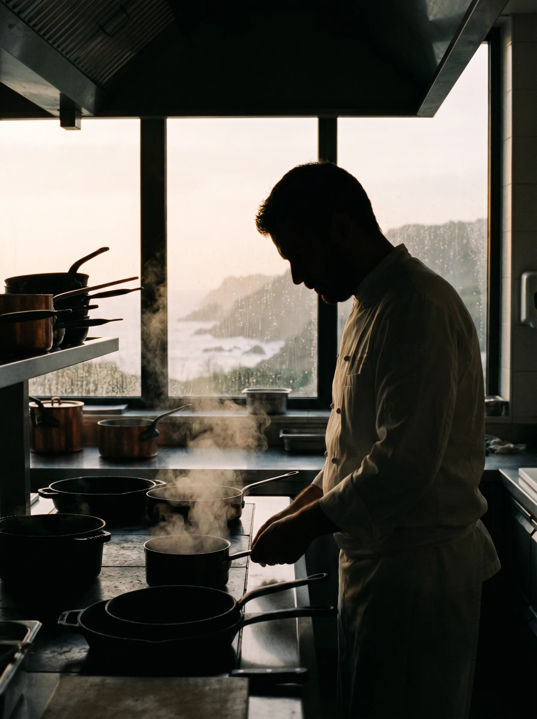 Silhouette de la cheffe Maëlys Kermarrec travaillant à contre-jour devant une fenêtre donnant sur l'océan Atlantique