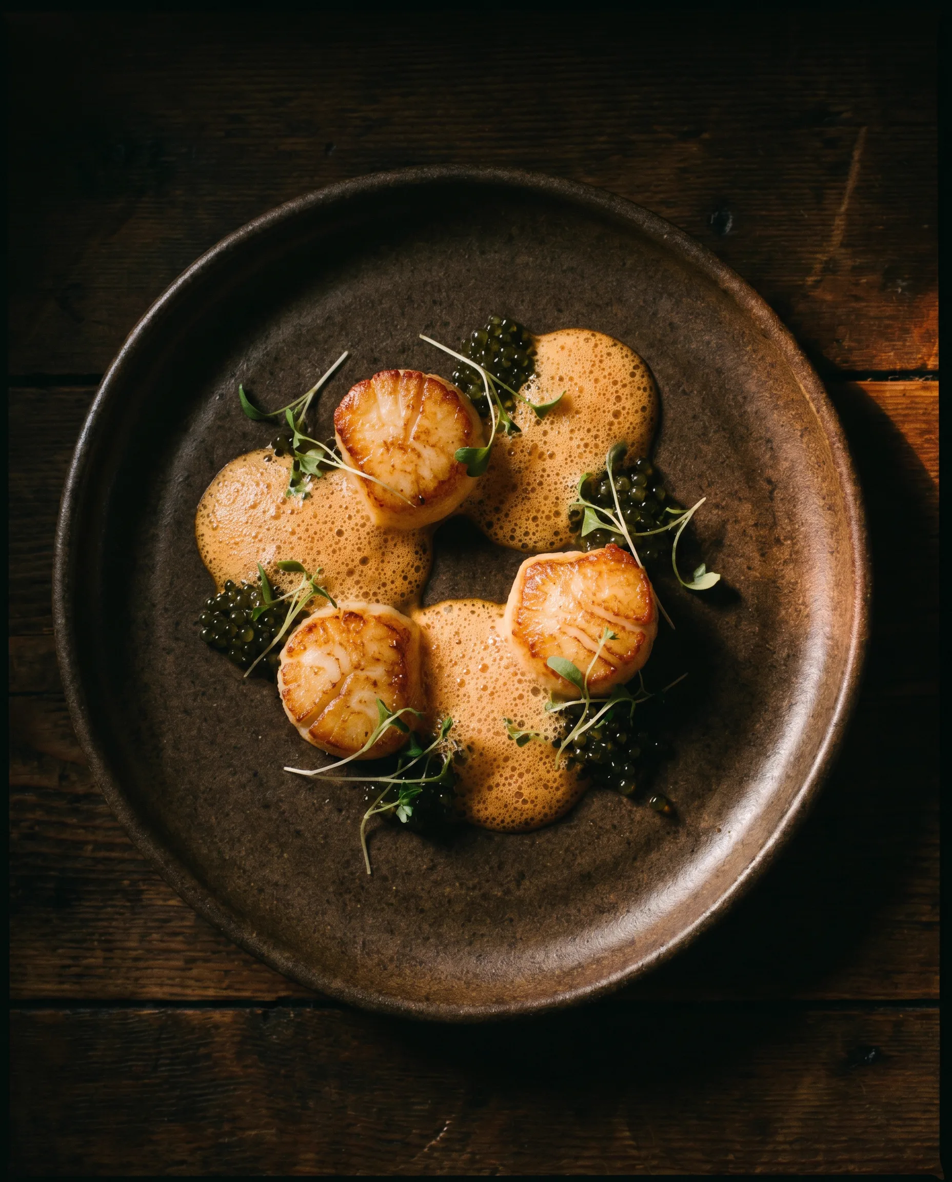 Saint-Jacques snackées avec écume d'oursin et caviar d'aubergine
