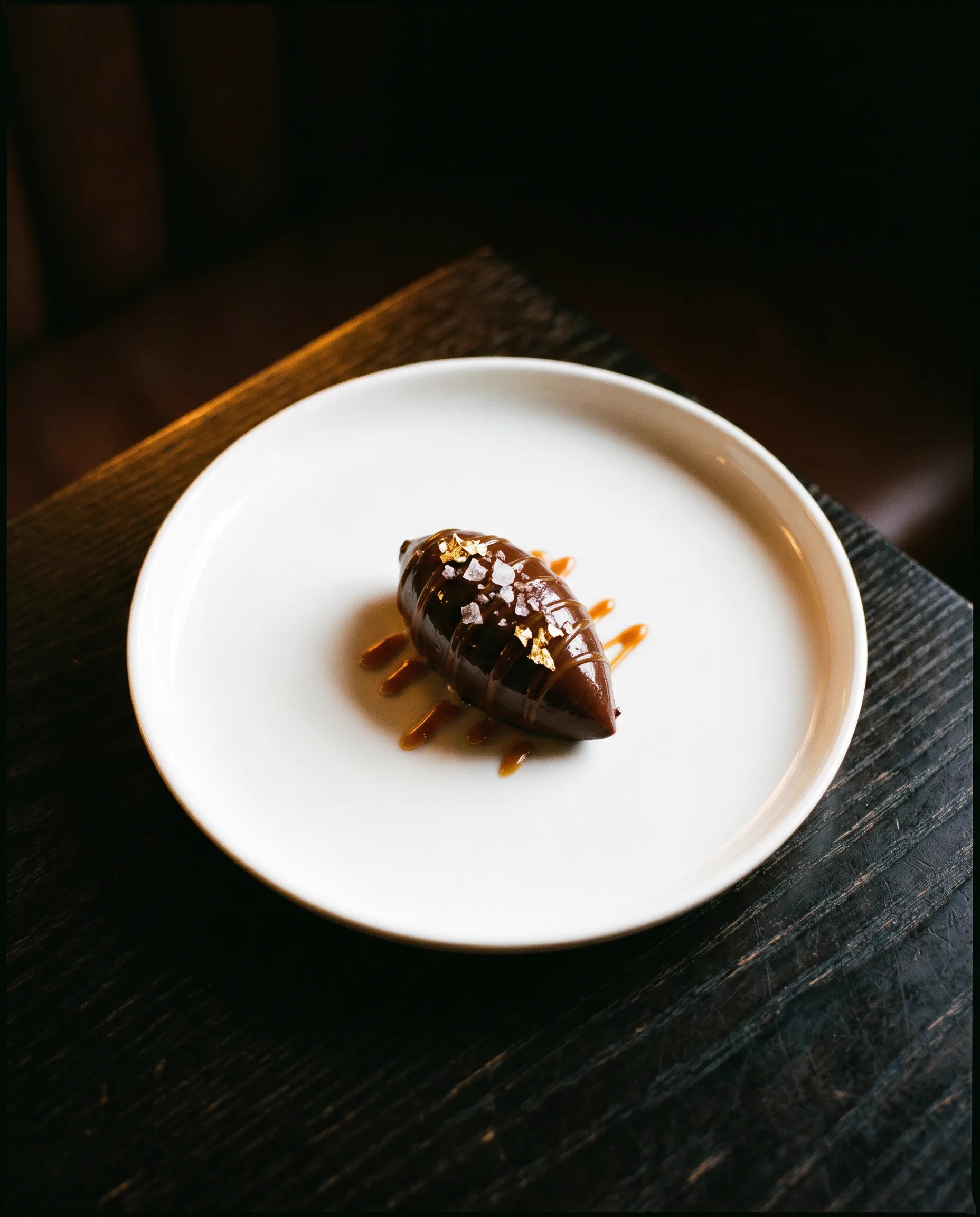Quenelle de chocolat noir Valrhona avec sel de Guérande et feuille d'or