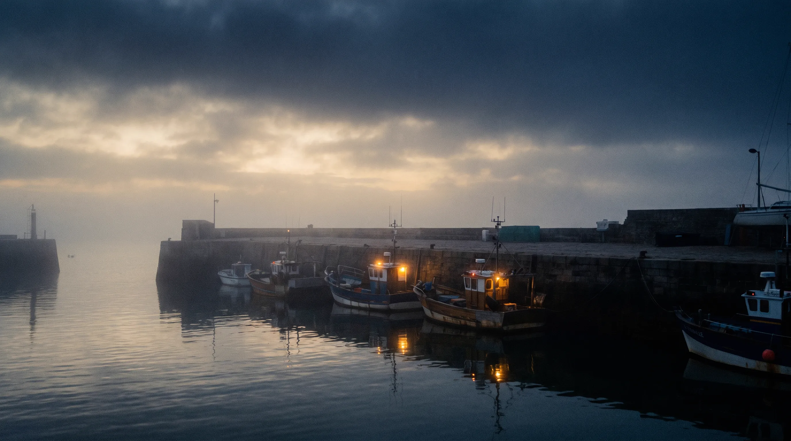 Port de La Turballe à l'aube, barques de pêche ancrées dans la brume matinale